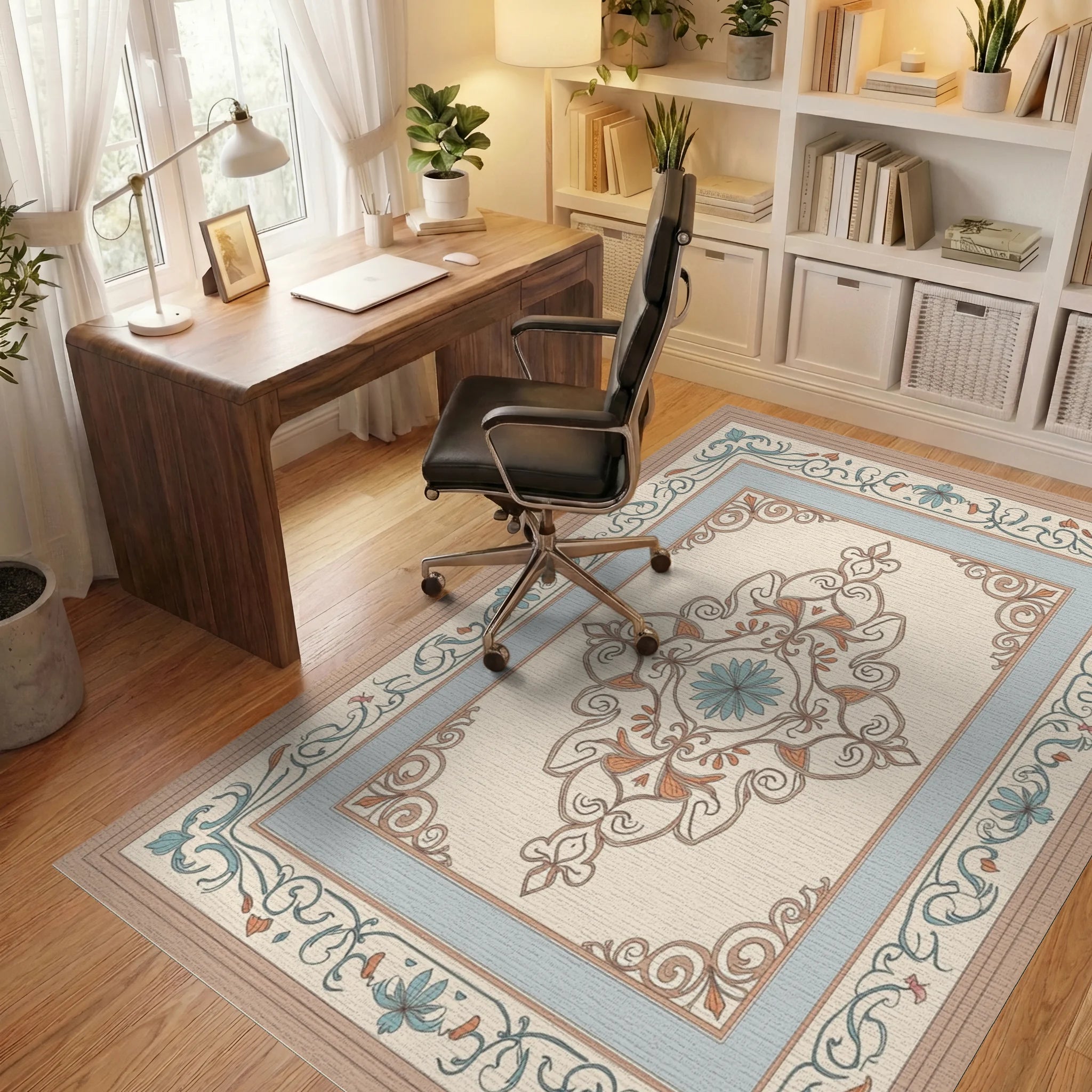Elegant Sage and Peach Floral Medallion Rug Office View