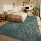 Elegant Sage Green Peony Botanical Illustration Rug Bedroom View