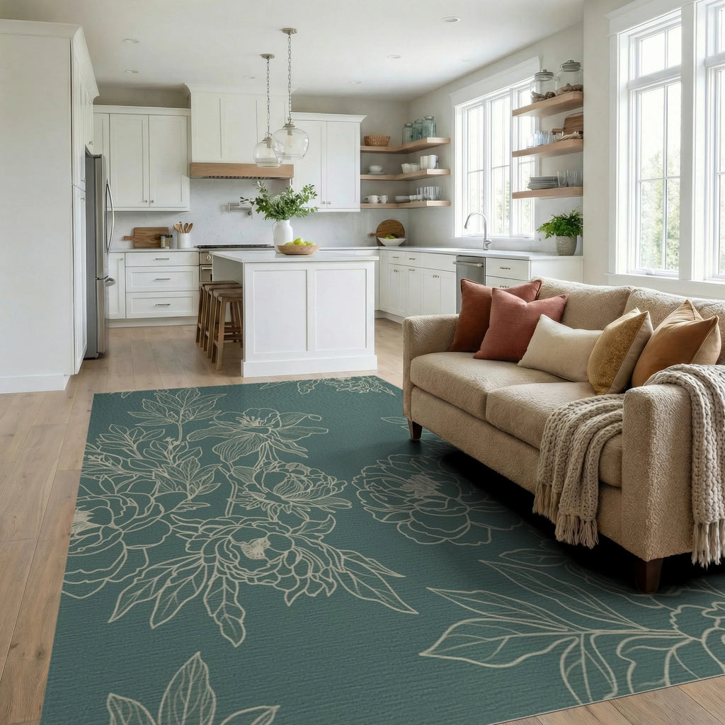 Elegant Sage Green Peony Botanical Illustration Rug Living Room View