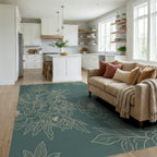 Elegant Sage Green Peony Botanical Illustration Rug Living Room View