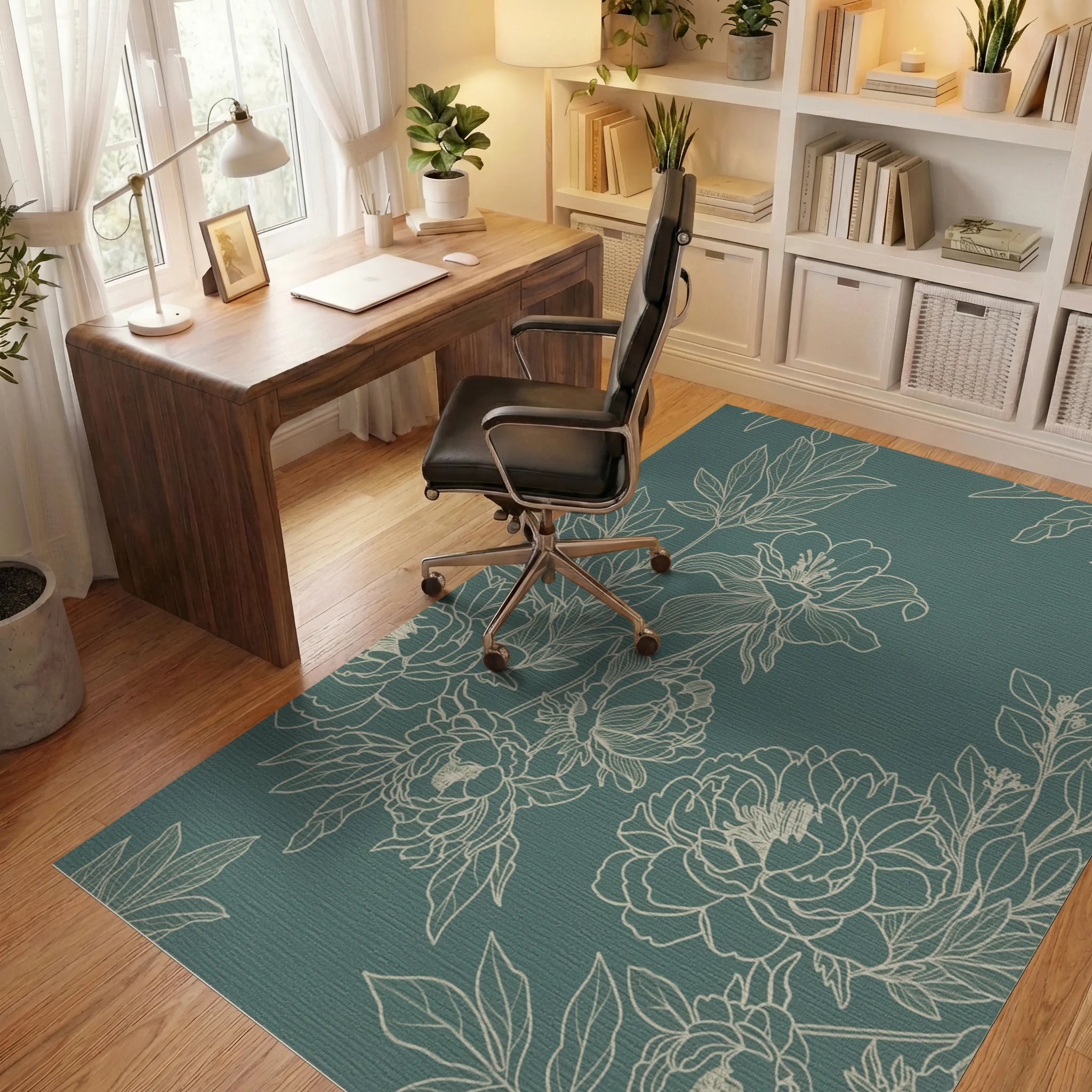 Elegant Sage Green Peony Botanical Illustration Rug Office View