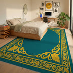 Elegant Teal Gold Floral Scroll Border Rug Bedroom View