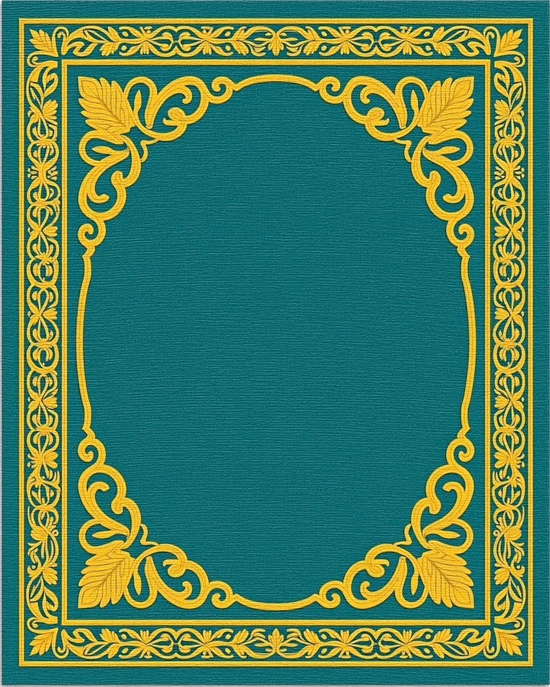 Elegant Teal Gold Floral Scroll Border Rug - Cutout View