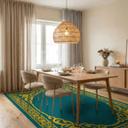 Elegant Teal Gold Floral Scroll Border Rug Dining Room View