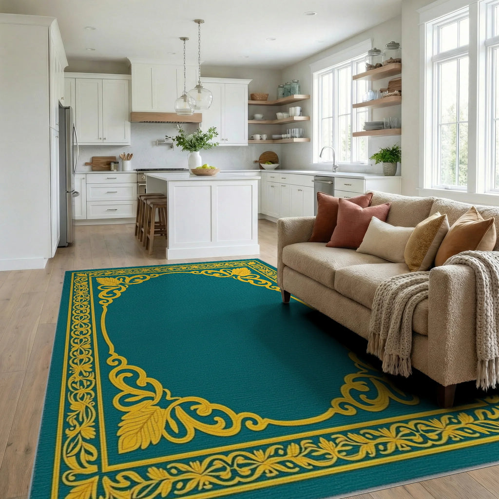 Elegant Teal Gold Floral Scroll Border Rug Living Room View