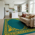 Elegant Teal Gold Floral Scroll Border Rug Living Room View