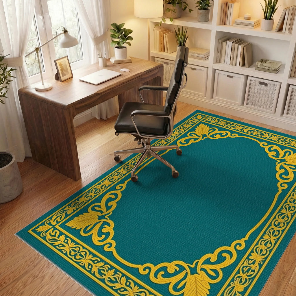 Elegant Teal Gold Floral Scroll Border Rug Office View