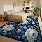 Elegant White Blue Floral Petal Pattern Rug - Bedroom View
