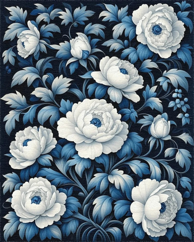 Elegant White Blue Floral Petal Pattern Rug - Cutout View