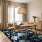 Elegant White Blue Floral Petal Pattern Rug - Dining Room View