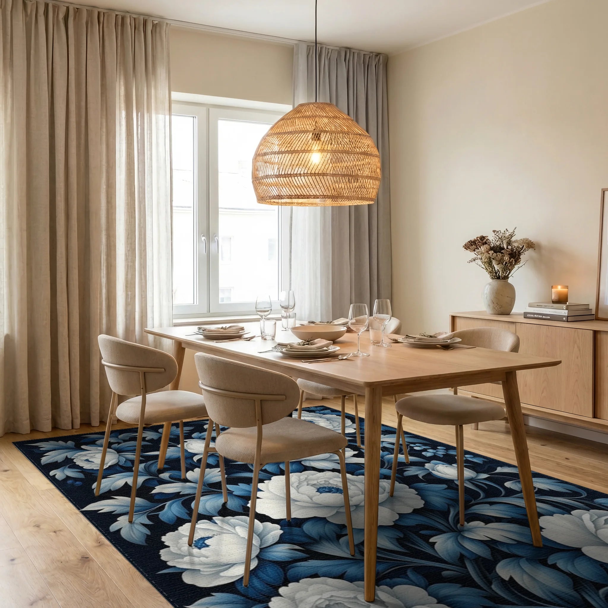 Elegant White Blue Floral Petal Pattern Rug - Dining Room View