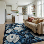 Elegant White Blue Floral Petal Pattern Rug - Living Room View