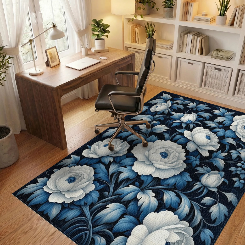 Elegant White Blue Floral Petal Pattern Rug - Office View
