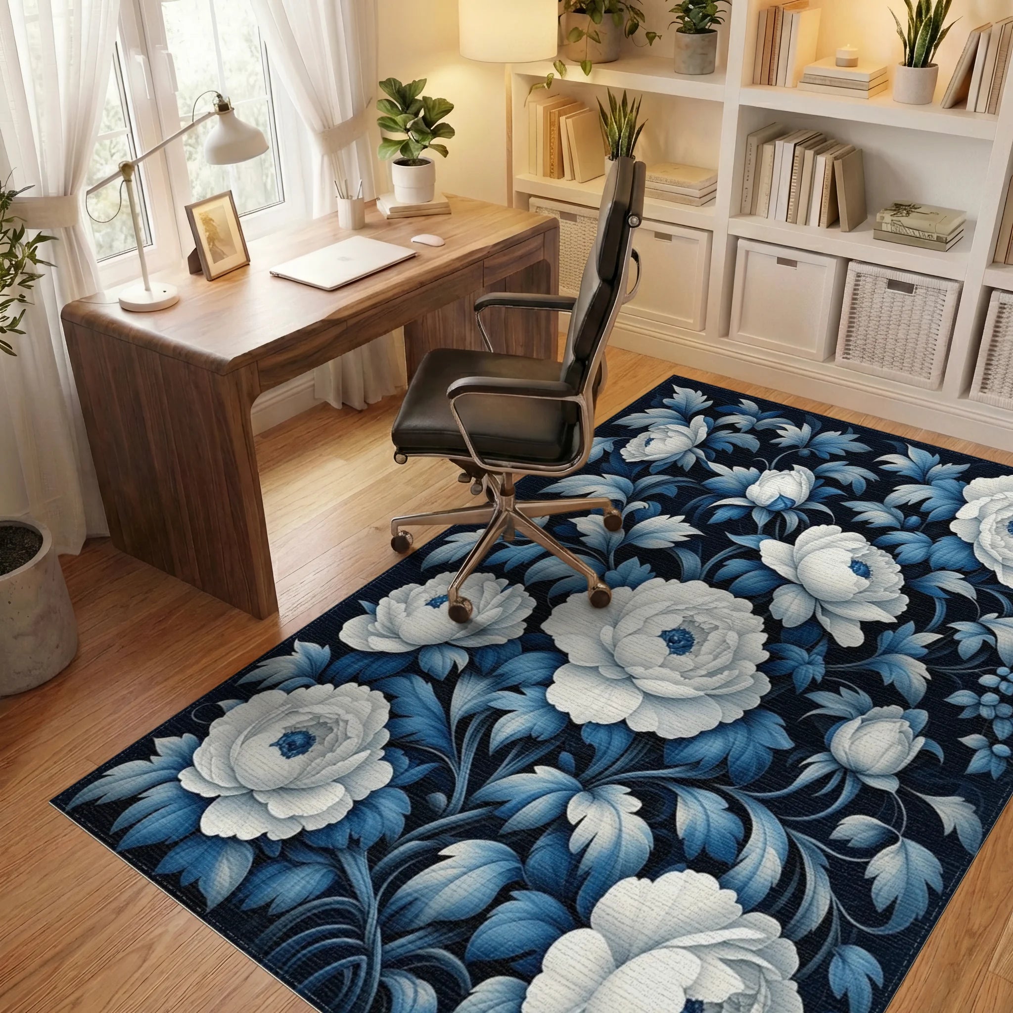 Elegant White Blue Floral Petal Pattern Rug - Office View