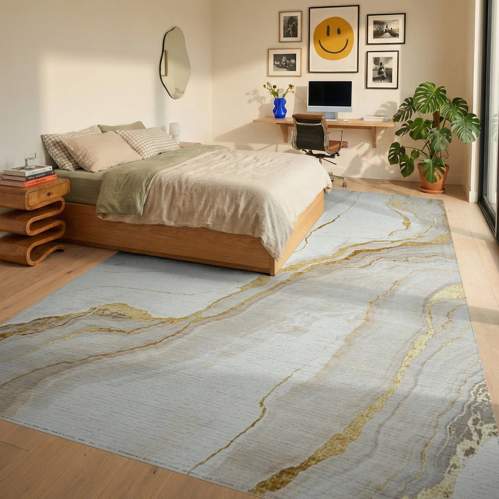 Elegant White Gold Agate Streaks Rug - Bedroom View