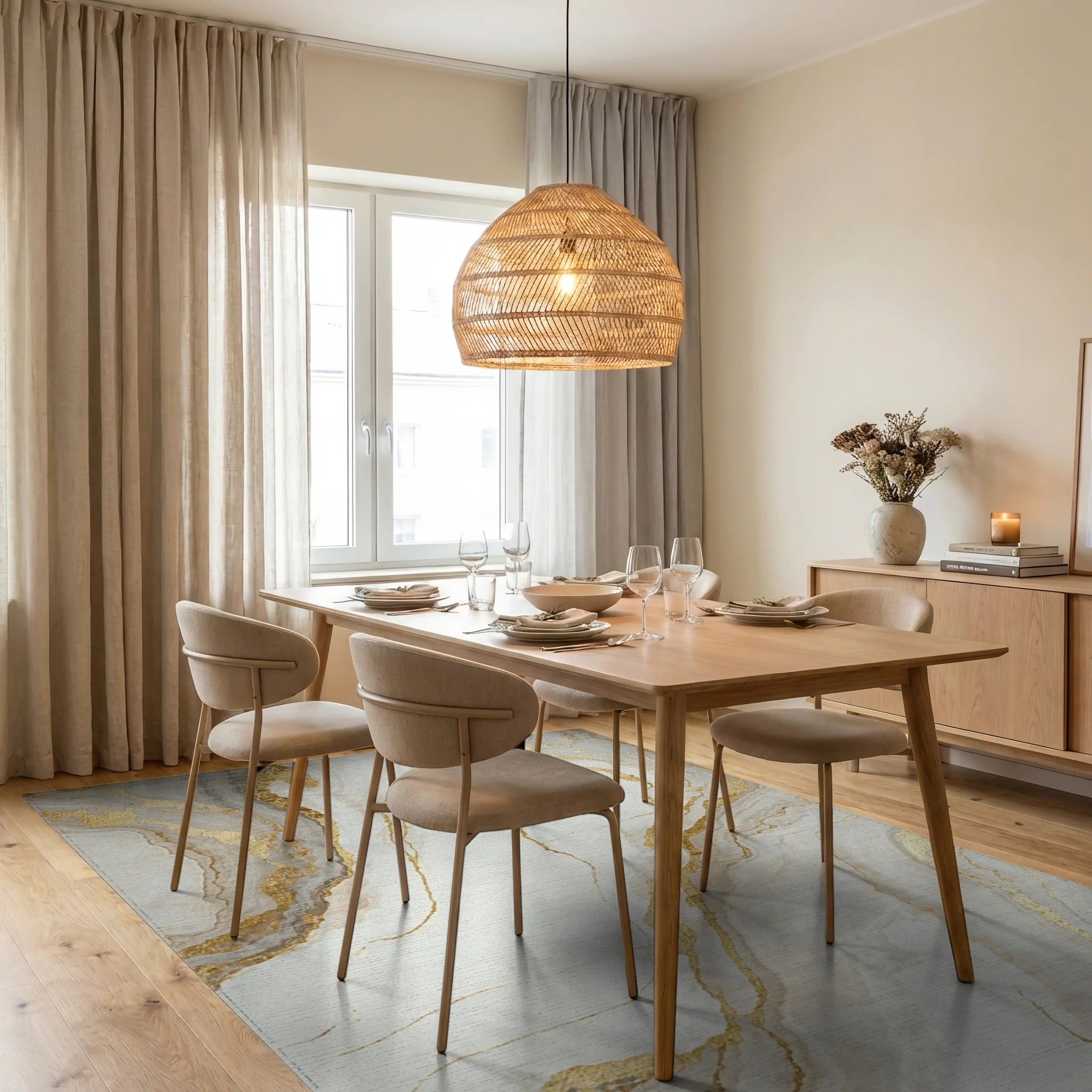 Elegant White Gold Agate Streaks Rug - Dining Room View