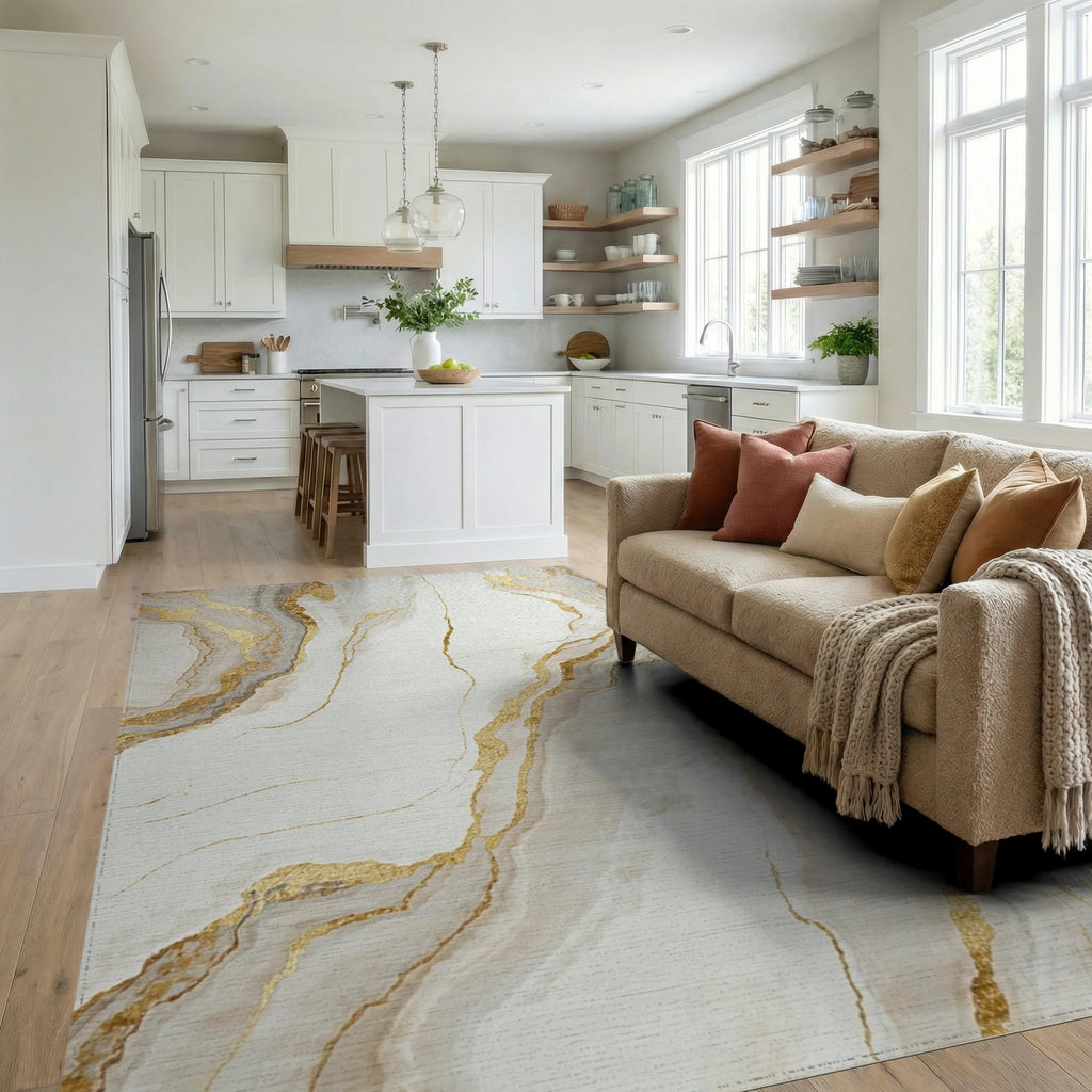 Elegant White Gold Agate Streaks Rug - Living Room View