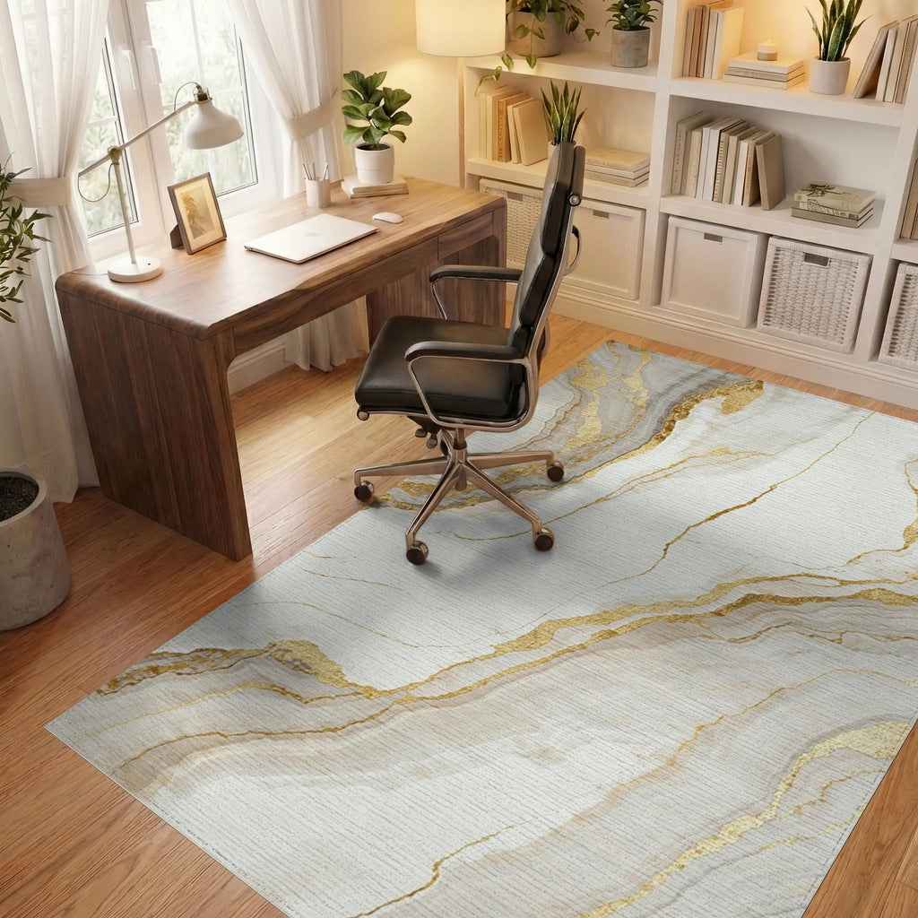 Elegant White Gold Agate Streaks Rug - Office View