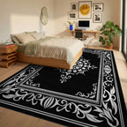 Elegant White Mandala Black Frame Rug Bedroom View