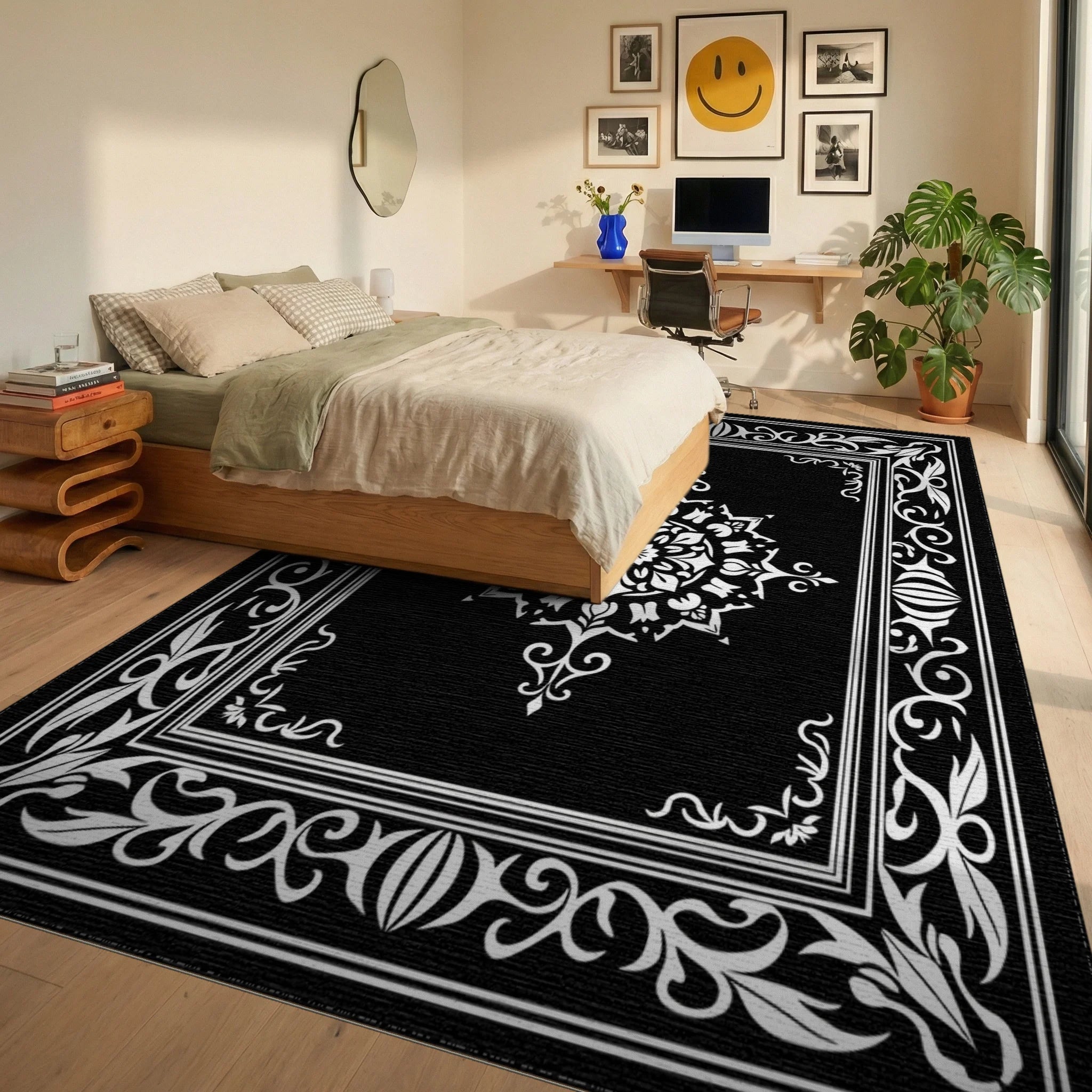 Elegant White Mandala Black Frame Rug Bedroom View