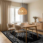 Elegant White Mandala Black Frame Rug Dining Room View