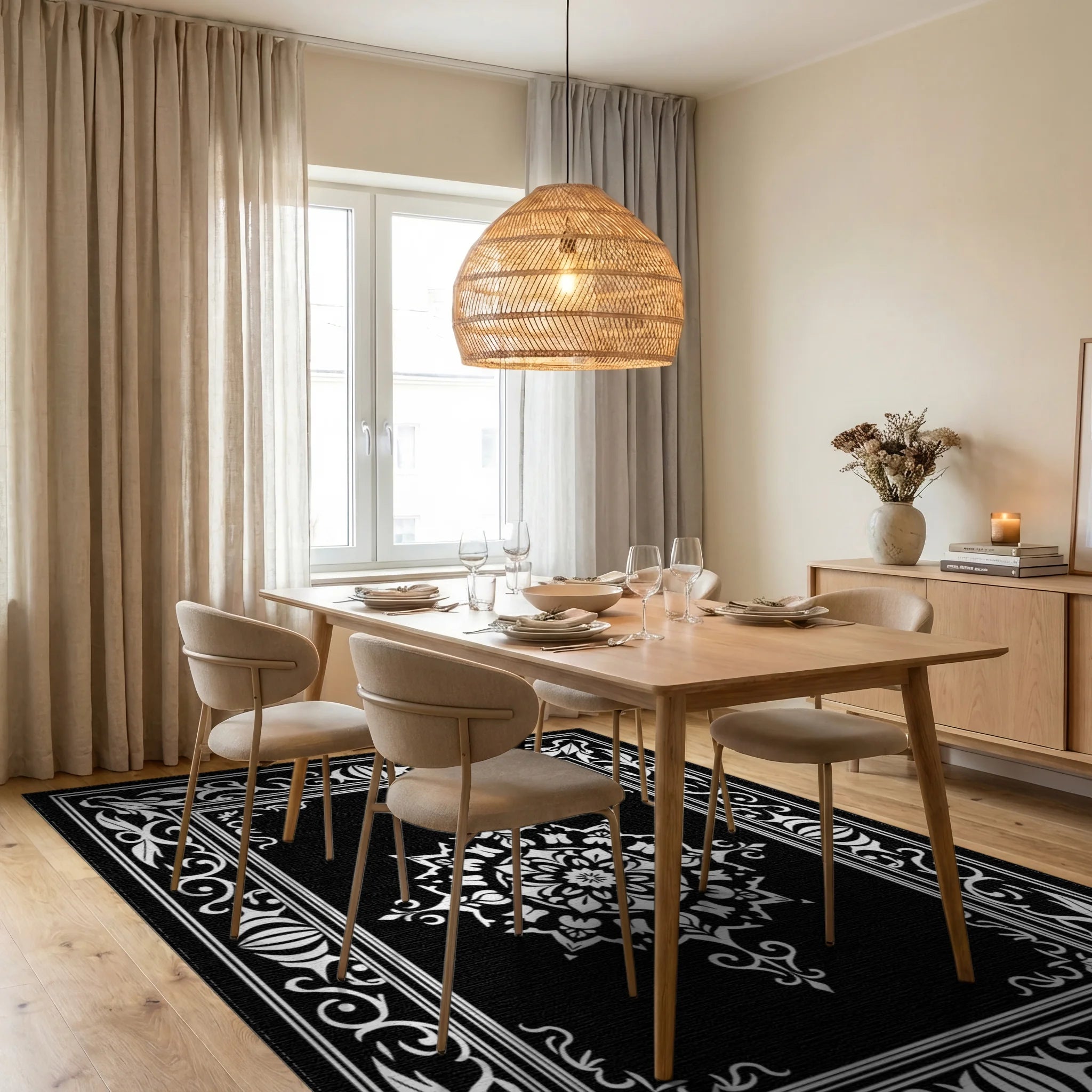 Elegant White Mandala Black Frame Rug Dining Room View