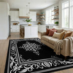 Elegant White Mandala Black Frame Rug Living Room View