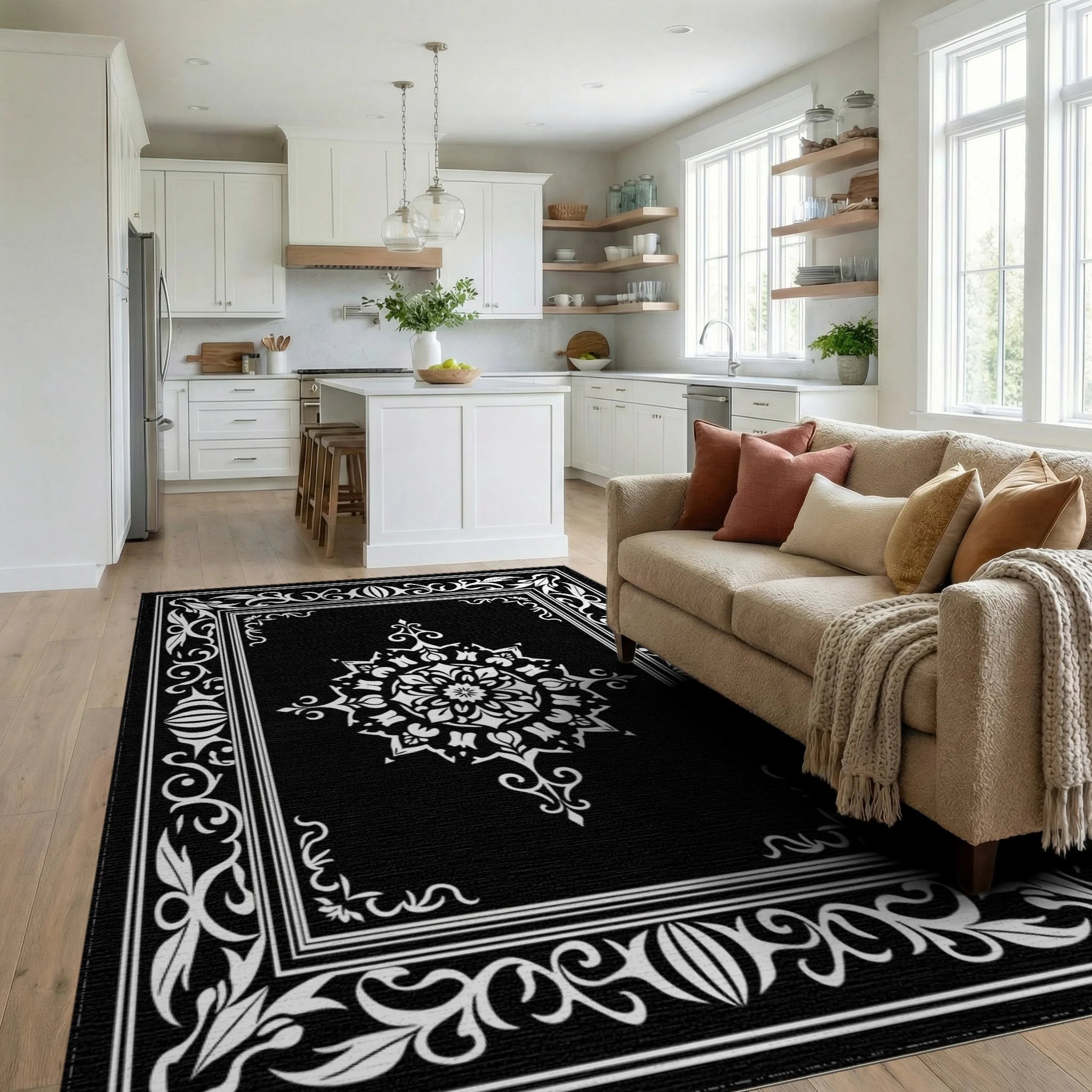 Elegant White Mandala Black Frame Rug Living Room View