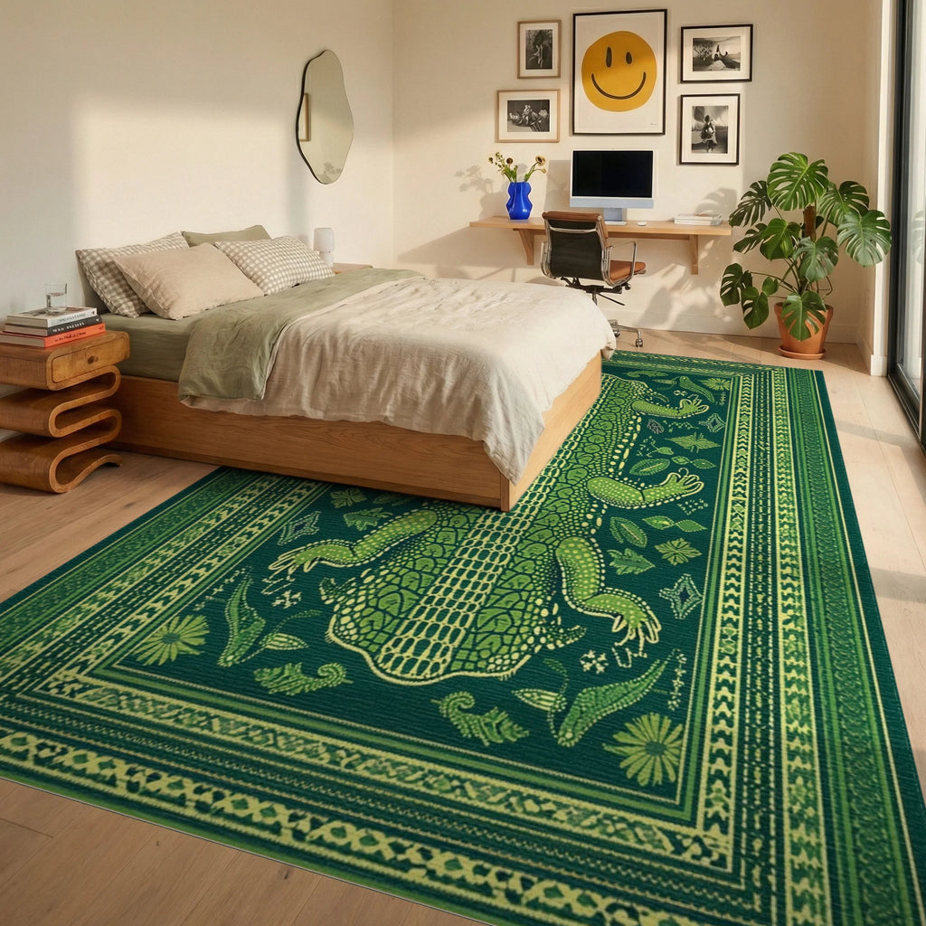 Emerald Alligator Tribal Frame Rug - Bedroom View