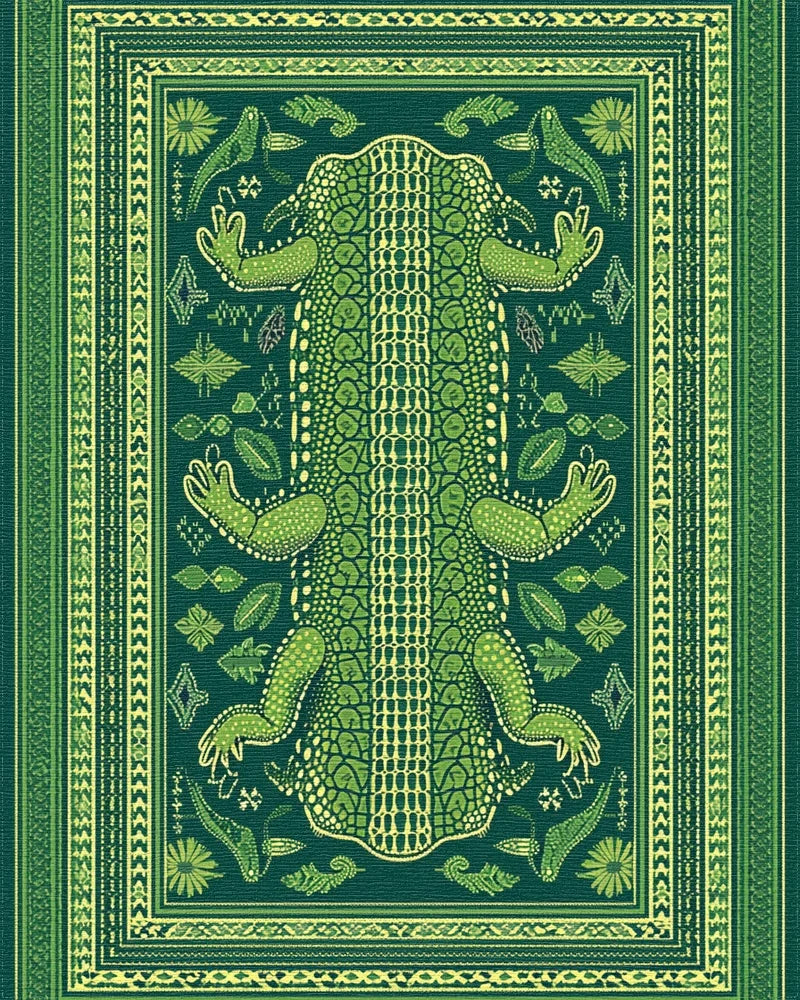 Emerald Alligator Tribal Frame Rug - Cutout View