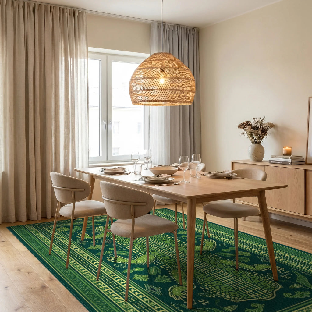 Emerald Alligator Tribal Frame Rug - Dining Room View