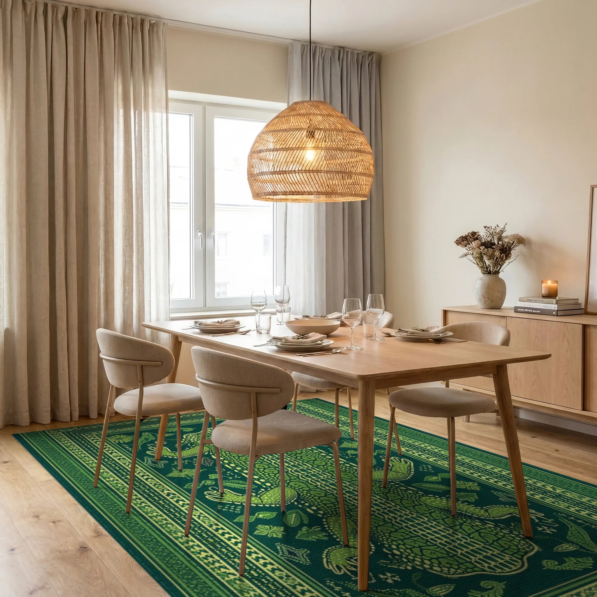 Emerald Alligator Tribal Frame Rug - Dining Room View