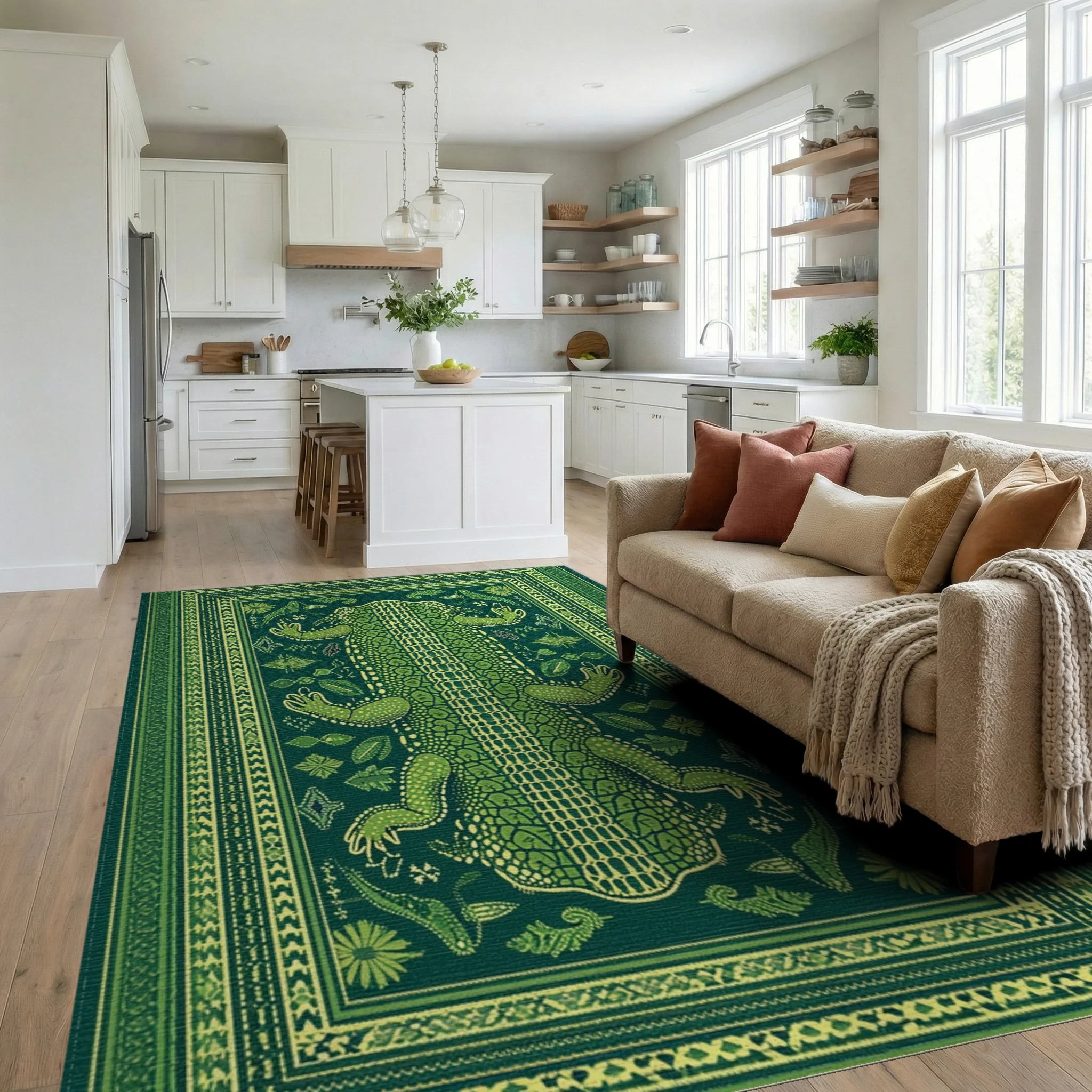 Emerald Alligator Tribal Frame Rug - Living Room View