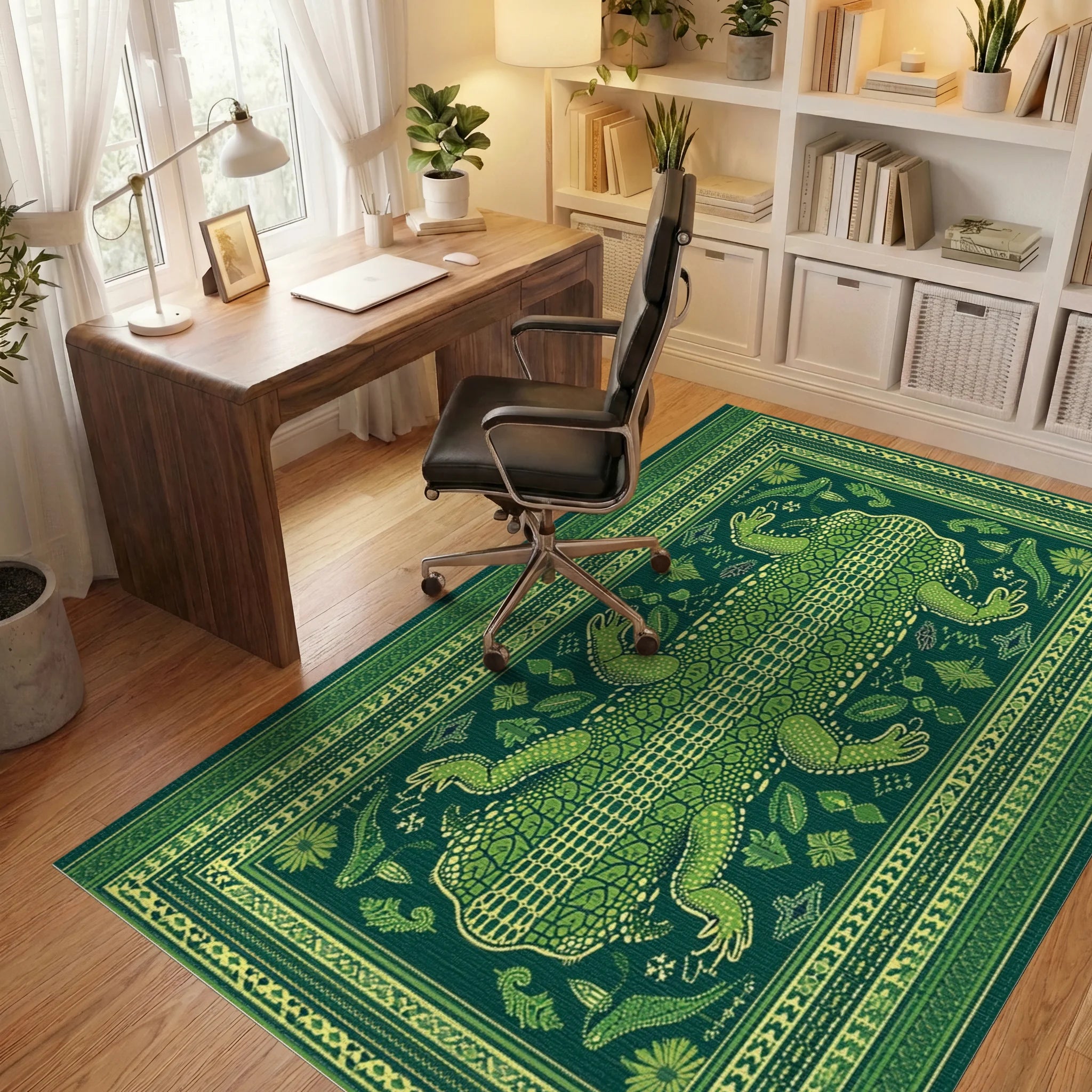 Emerald Alligator Tribal Frame Rug - Office View