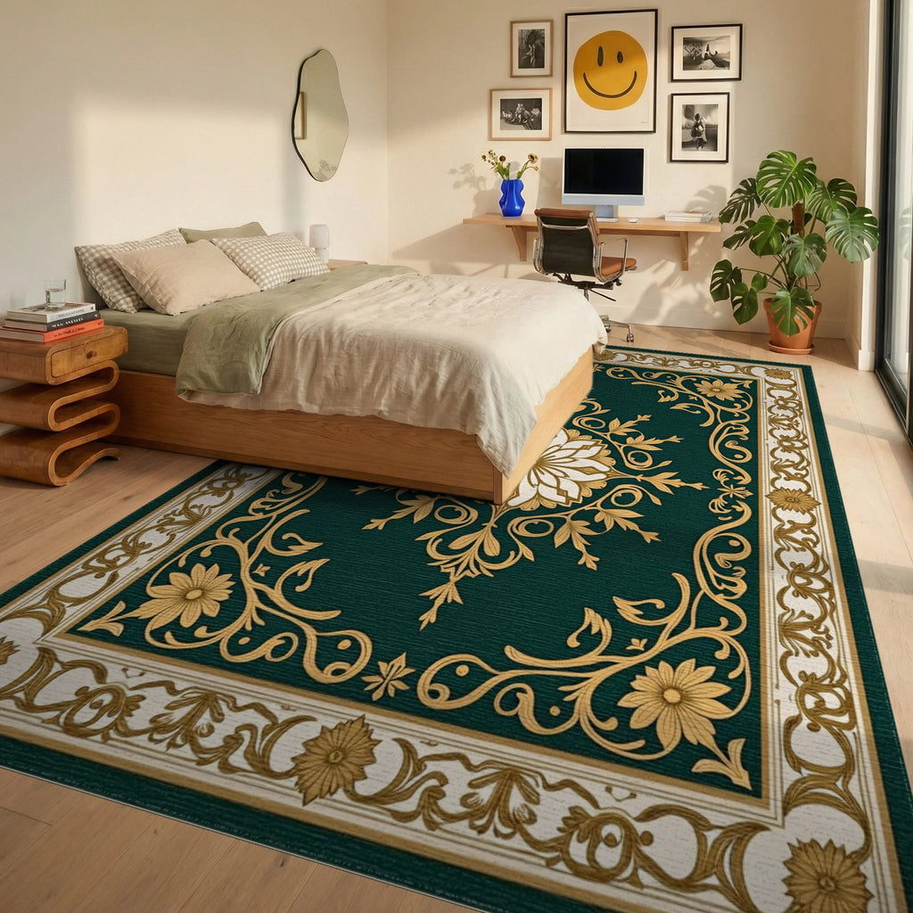 Emerald Botanical Floral Medallion Rug Bedroom View