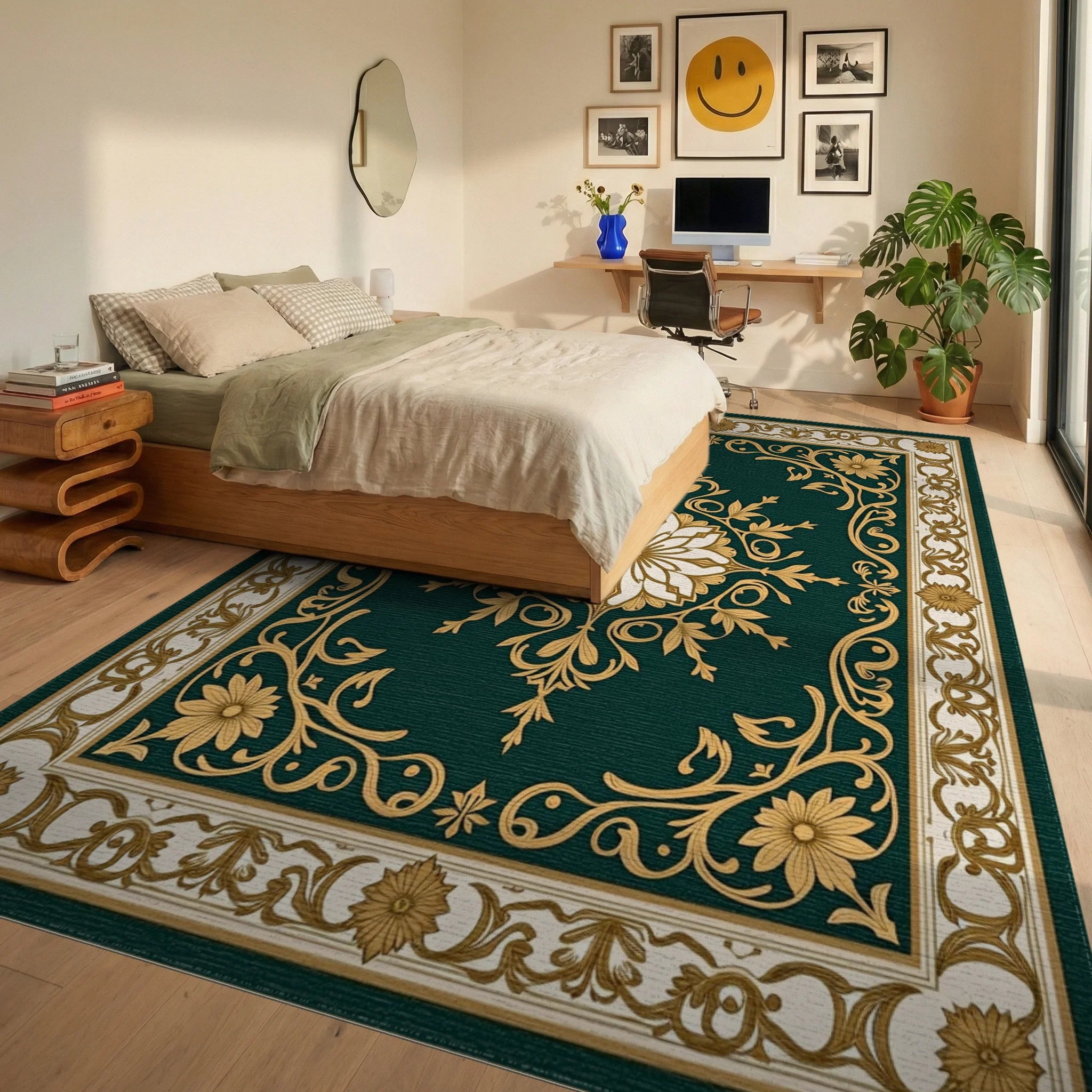 Emerald Botanical Floral Medallion Rug Bedroom View