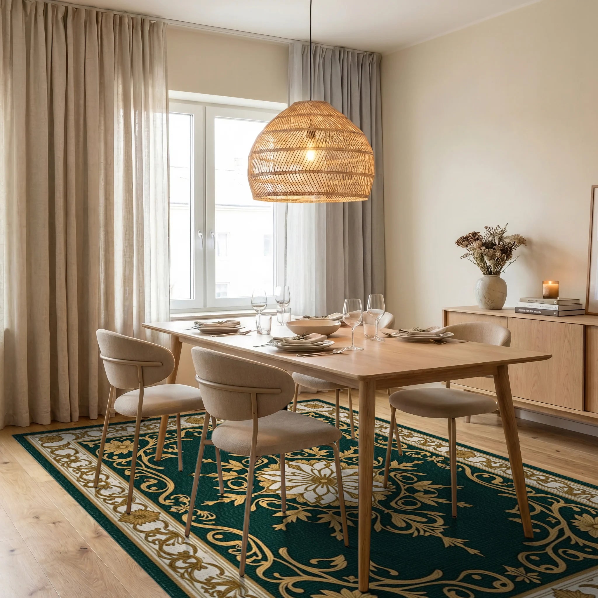 Emerald Botanical Floral Medallion Rug Dining Room View