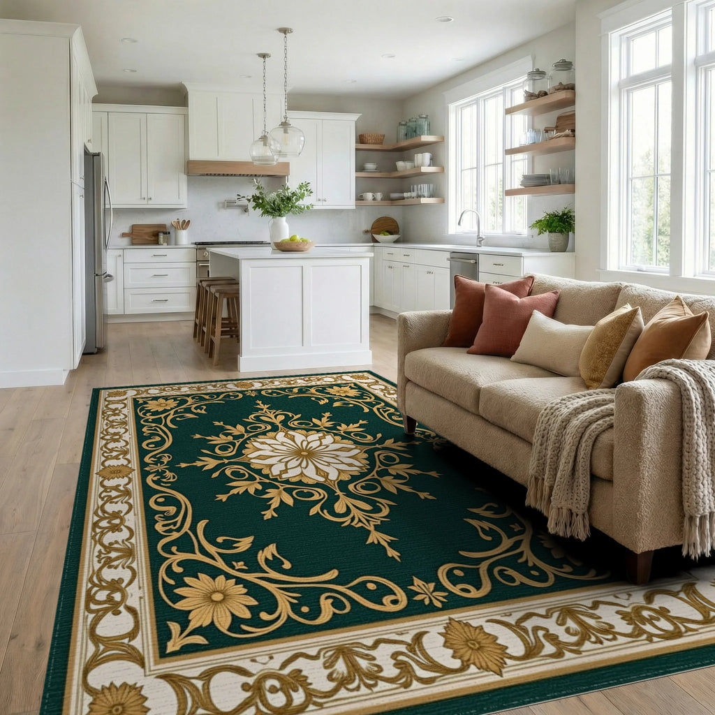 Emerald Botanical Floral Medallion Rug Living Room View