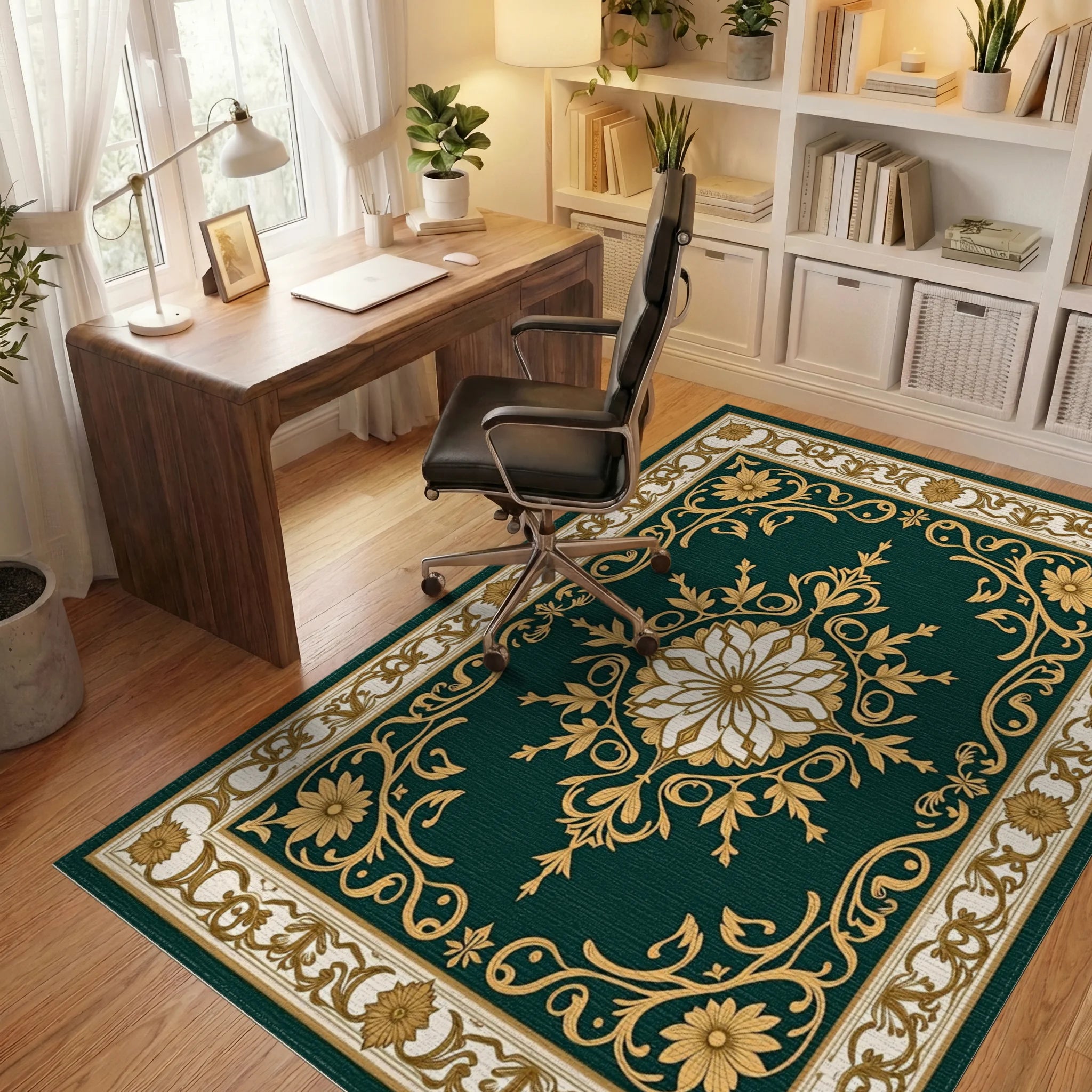 Emerald Botanical Floral Medallion Rug Office View