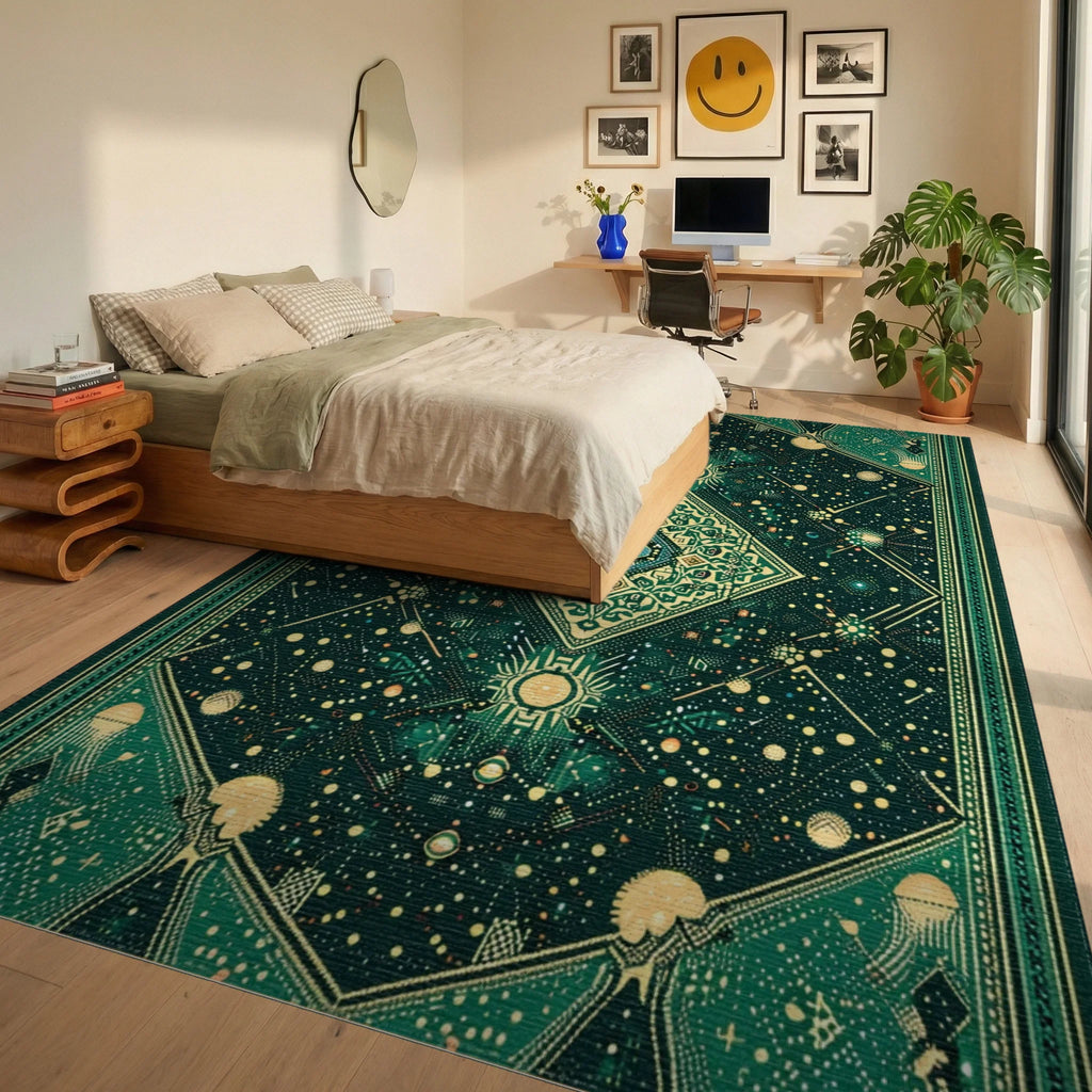 Emerald Celestial Geometric Diamond Rug - Bedroom View