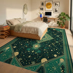 Emerald Celestial Geometric Diamond Rug - Bedroom View