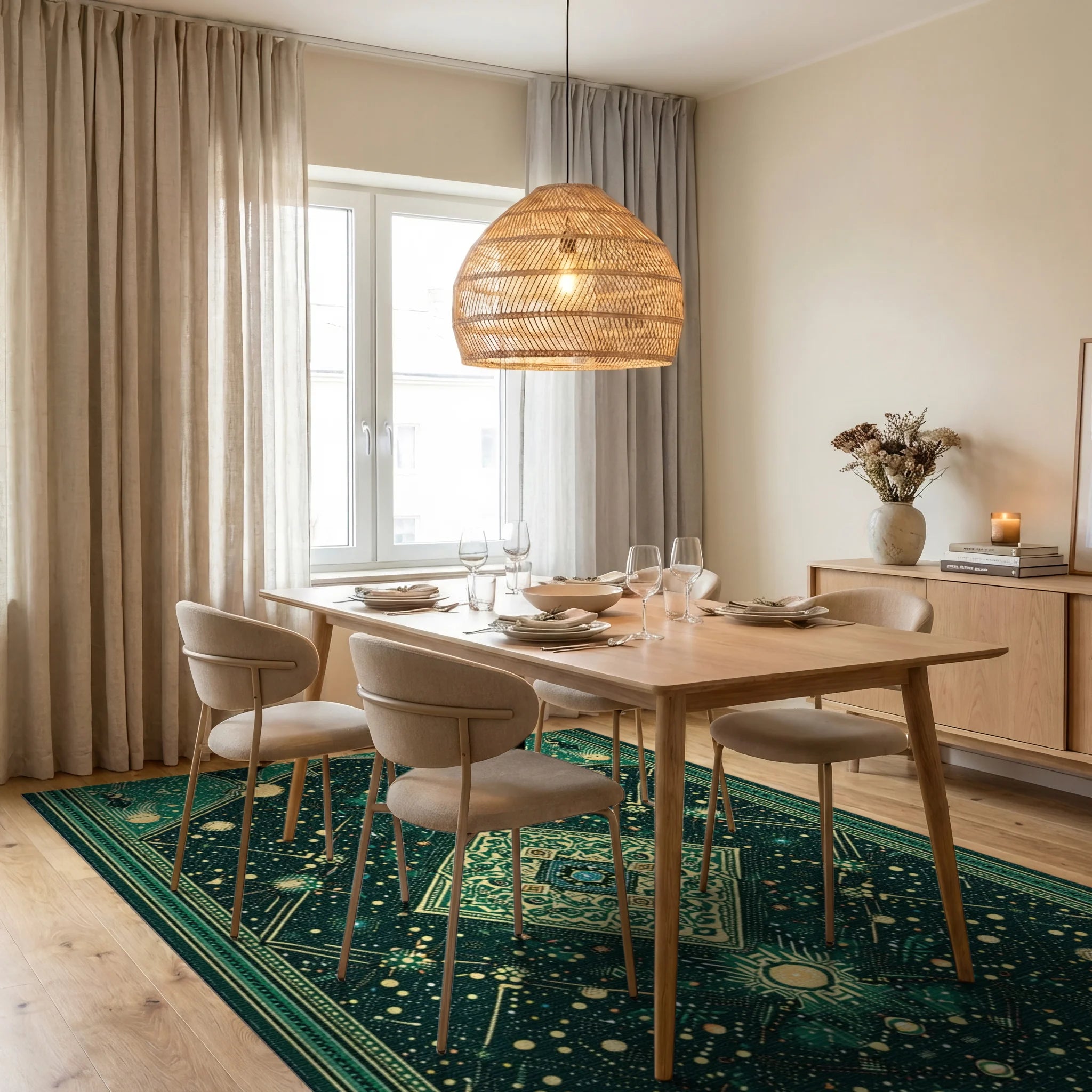 Emerald Celestial Geometric Diamond Rug - Dining Room View
