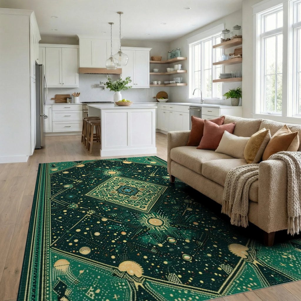Emerald Celestial Geometric Diamond Rug - Living Room View