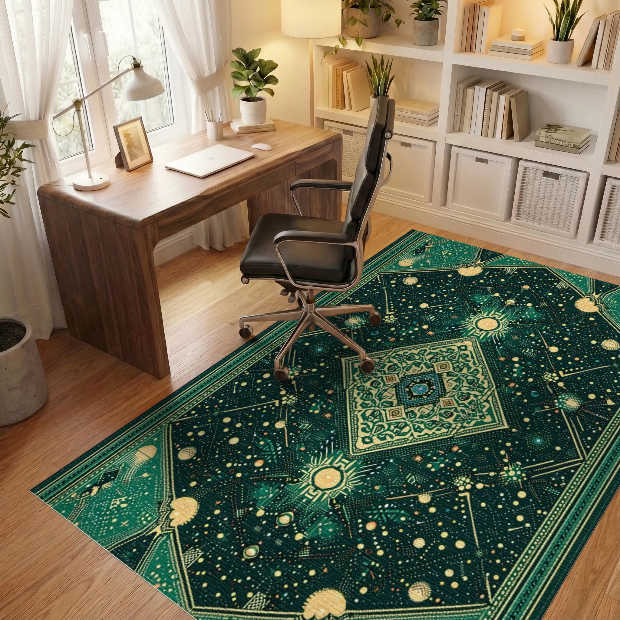 Emerald Celestial Geometric Diamond Rug - Office View