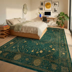 Emerald Celestial Map Ancient Parchment Rug - Bedroom View