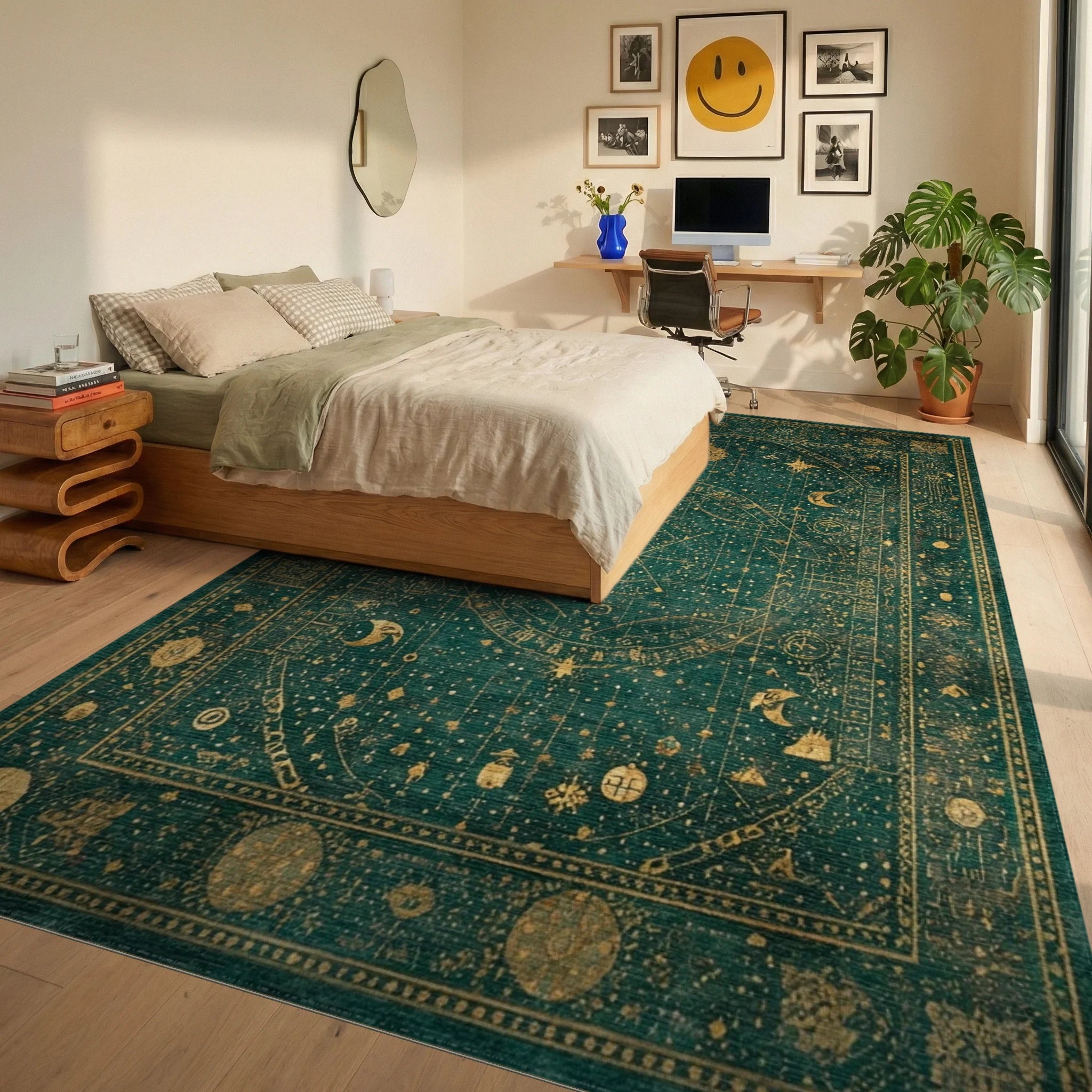 Emerald Celestial Map Ancient Parchment Rug - Bedroom View