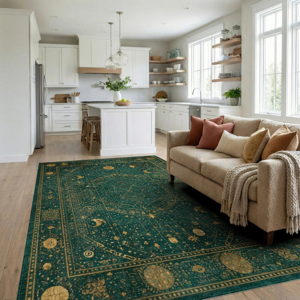 Emerald Celestial Map Ancient Parchment Rug - Living Room View