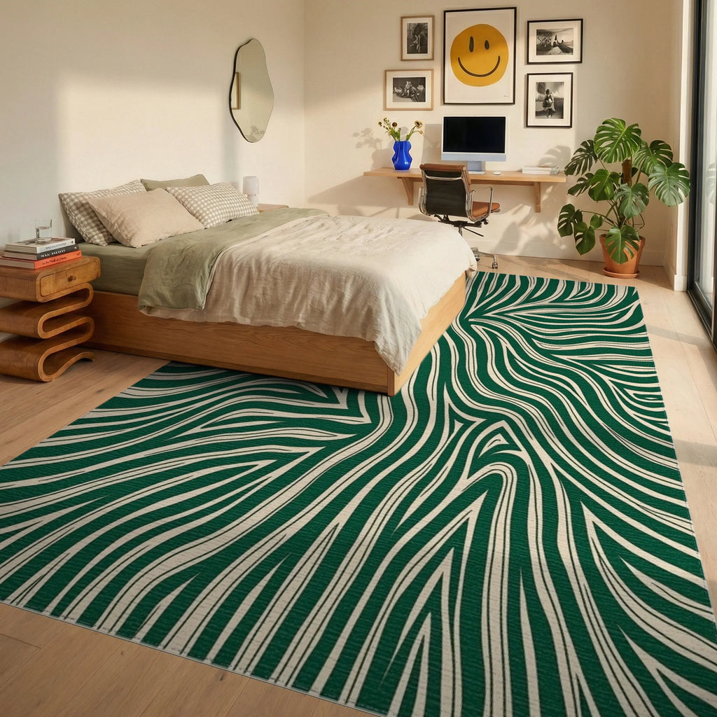 Emerald Cream Organic Flow Rug Bedroom View