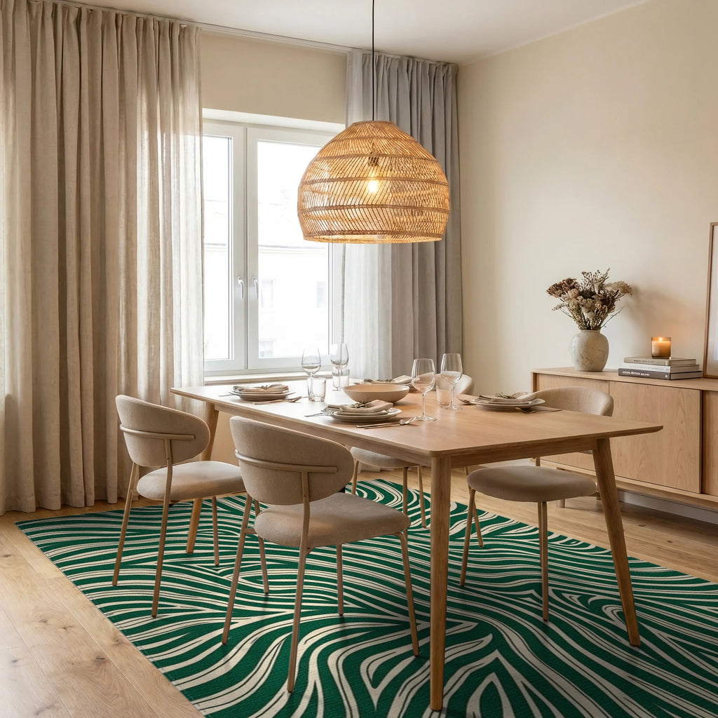 Emerald Cream Organic Flow Rug Dining Room View