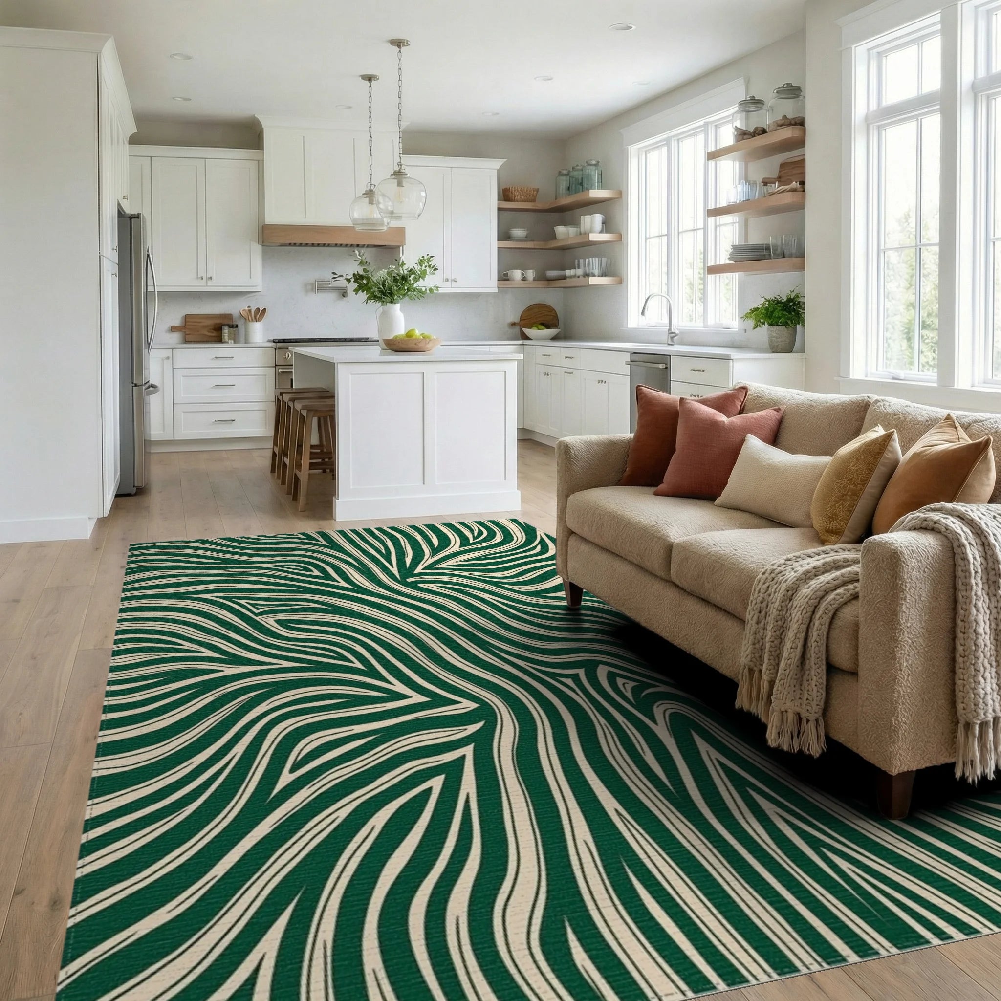 Emerald Cream Organic Flow Rug Living Room View